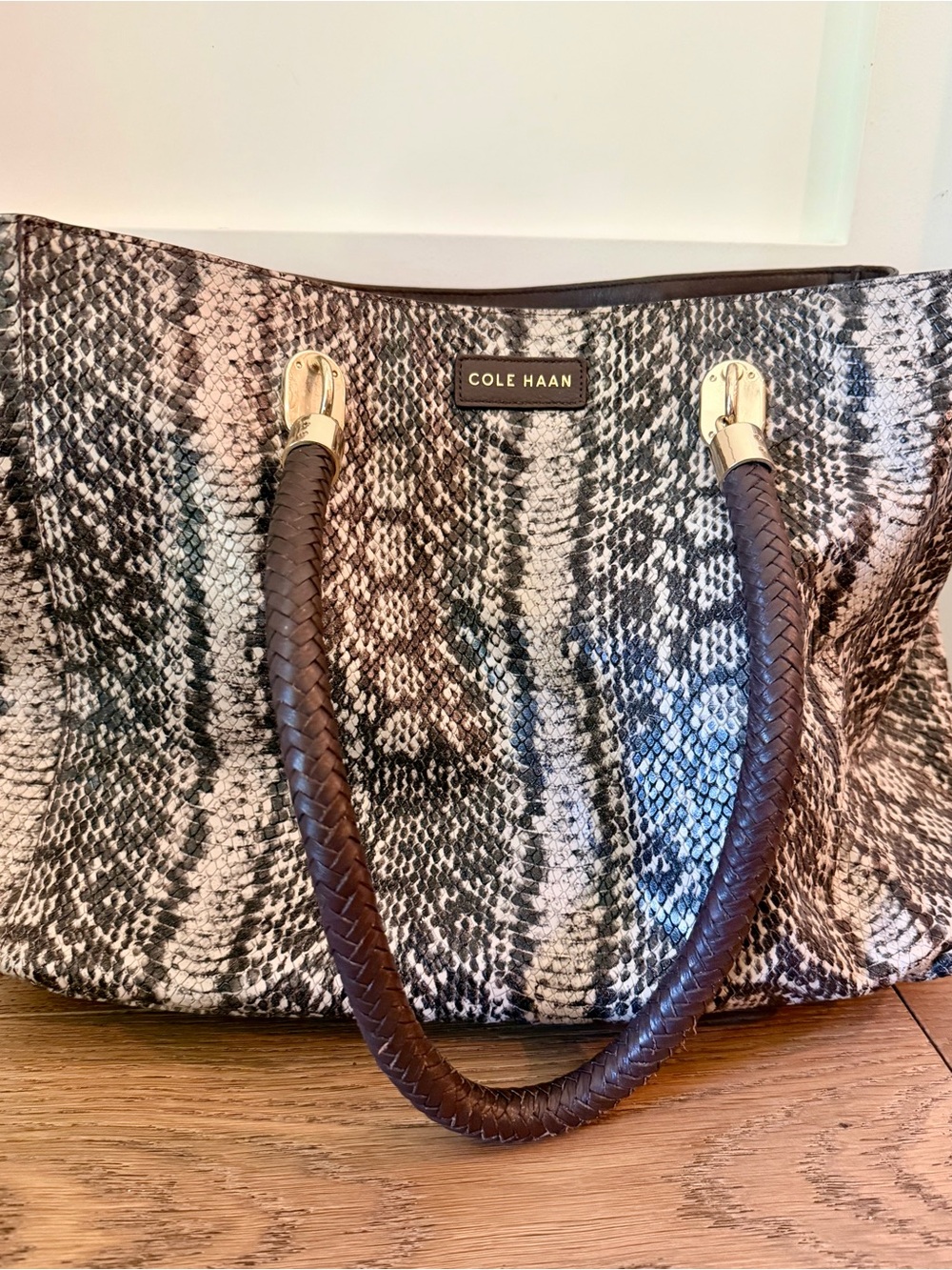 Cole Haan Braided-Handle Snake-Print Tote in Brown and Cream